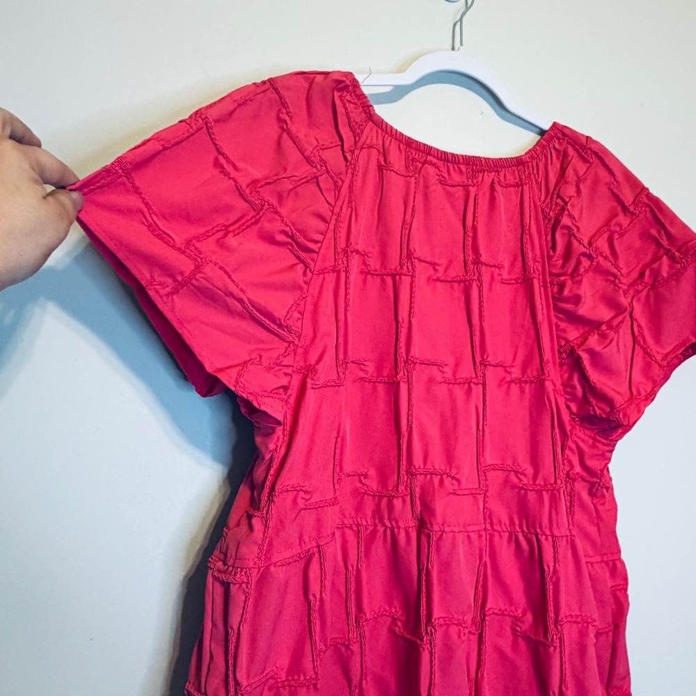 Textured Hot Pink Mini Dress with Puff Sleeves - Picture 3 of 6